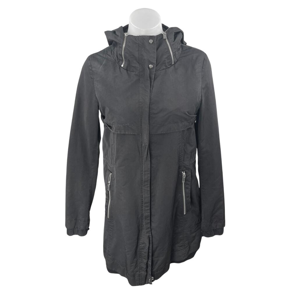 Zara Women's Black Long Sleeve Hooded Hoodie Zip Up Trench Rain Coat Jacket XS